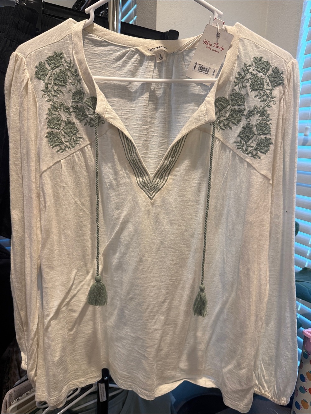 Lucky Brand White Peasant Top with Sage Green Embroidery